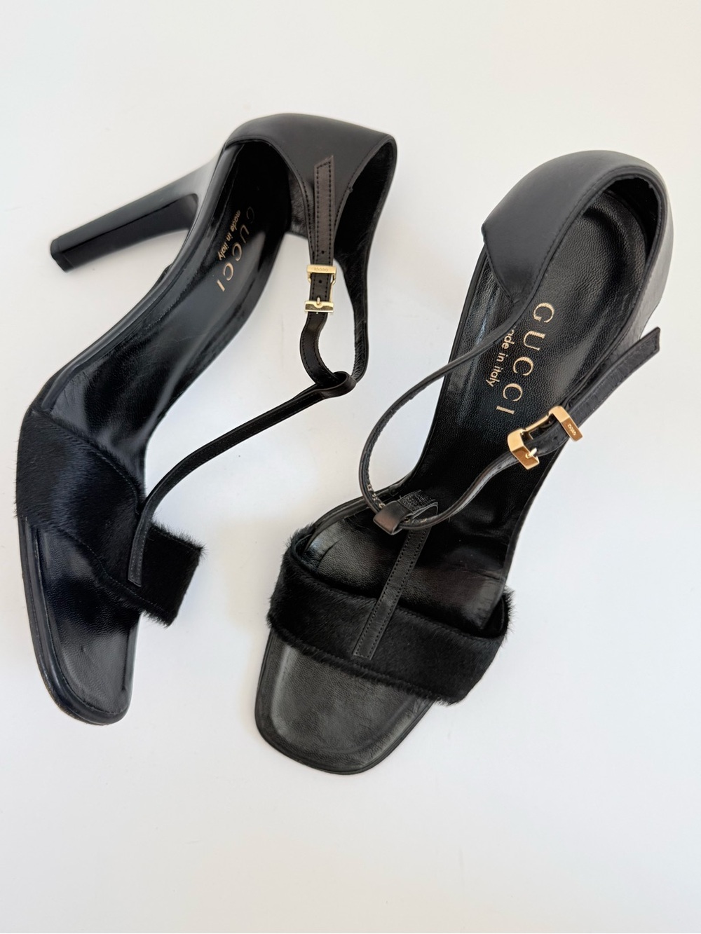 Gucci Vintage Black Pony Hair T-Strap Sandals Heels 8.5 B Y2K